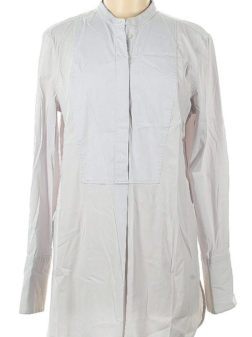 M.M. LAFLEUR Light Gray Off White Cotton Button-Bib Long Sleeve Blouse Size M
